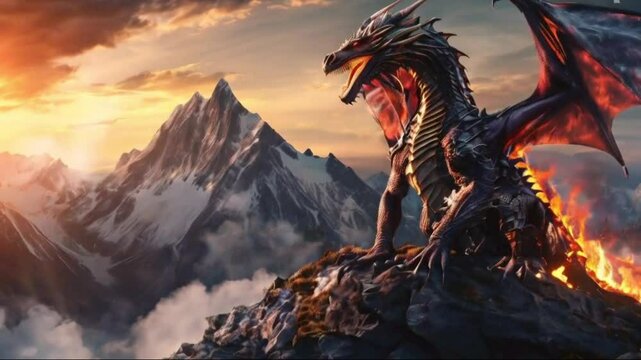 A dragon sitting on a mountain with fire coming out of its mouth HD 4K video 