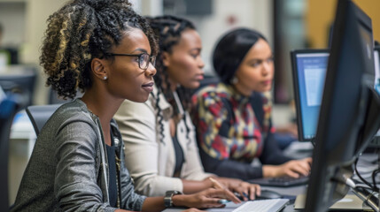 A group of women engage in computer tasks, showcasing teamwork and concentration in a modern office setting