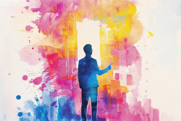 A figure gestures towards a brightly colored open door, representing new opportunities and creativity in a dreamlike atmosphere