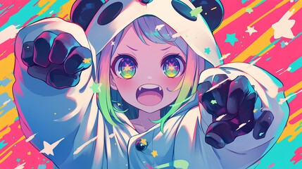 cute panda character wearing anime onesie costume, anime style, cute kawaii, simple, smiling happy. neon psychedelic background