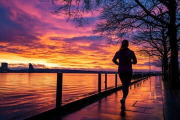 A person is jogging along a waterfront promenade as the sky is painted with vibrant sunset colors, creating a picturesque and serene moment emphasizing health and tranquility.