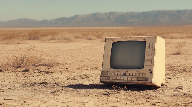 A dusty, outdated computer is left to decay in a barren desert, symbolizing the obsolescence of old technology.