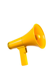 White background featuring a yellow megaphone with speech bubbles above it. The design is simple and modern, emphasizing communication and announcements.