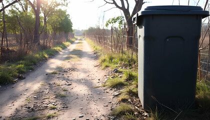 A trash can on a dirt path in a rural setting, with a large tree and sunlight in the background