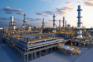 Obraz premium A modern industrial facility at sunset, showcasing tall towers and complex machinery in an oil refinery environment.