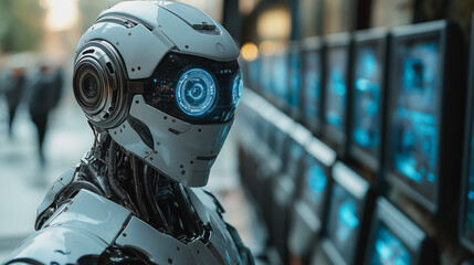 High-tech robot overseeing security footage on multiple CCTV monitors, featuring dynamic visuals and cutting-edge technology in a sleek setting.