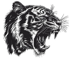 Tiger head full aggressive expression black and white illustration