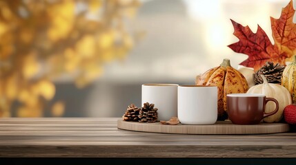 Thanksgiving feast, coffee station with various mugs, 3D illustration