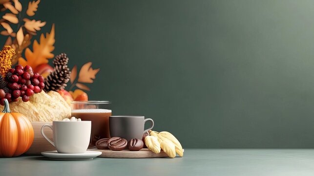 Thanksgiving feast, coffee station with various mugs, 3D illustration