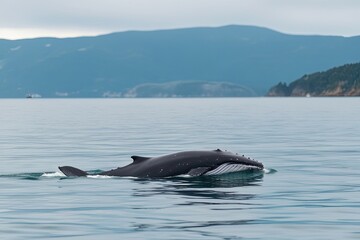 Fototapeta premium Baby Whale Gliding Elegantly in Calm Bay with Peaceful Waves and Tranquil Waters