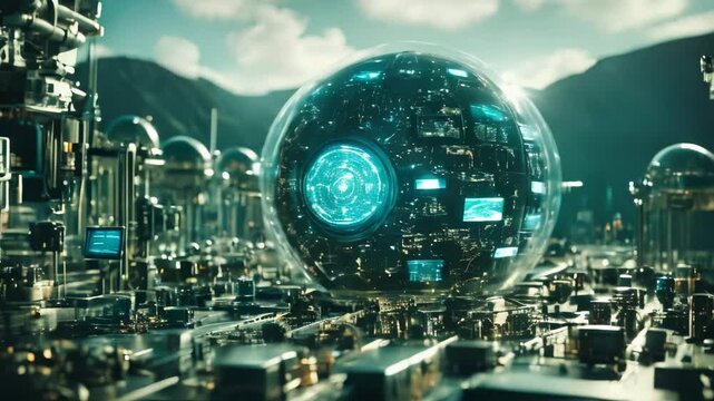 Futuristic City with Blue Orb and Digital Screens