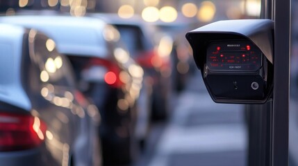 Fototapeta premium LPR camera in parking system, smart technology, cars in background, efficient solution