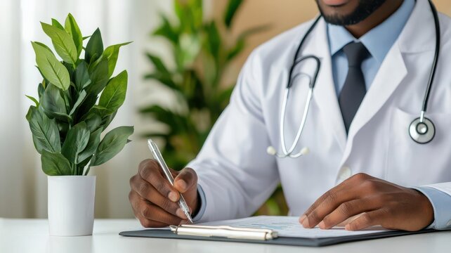 Clinician reviewing a comprehensive clinical spreadsheet, with detailed charts and graphs summarizing patient outcomes, in a well-lit office