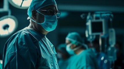 Surgeons working in an operating room with focused lighting