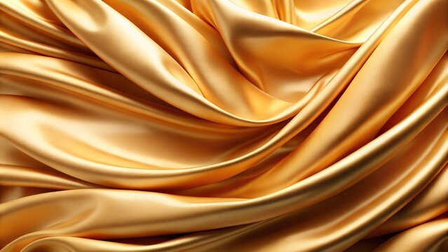 Golden fabric with a smooth, silky texture drapes elegantly, creating gentle folds and waves. 