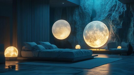 Moon Phase Headboard Bedroom with Soft Gentle Lighting for a Serene Celestial Design