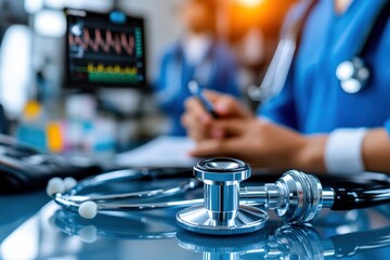 Close-up of a stethoscope on a reflective surface with medical monitors and healthcare professionals in the background in a busy hospital environment.