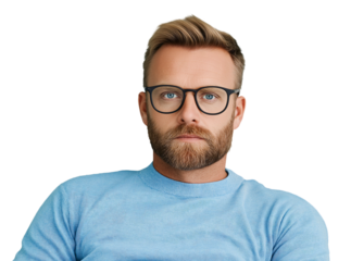 A bearded man wearing glasses sits elegantly, dressed in a light blue sweater, exuding confidence and calmness in a minimalist setting