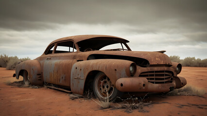 Fototapeta premium Rusty Classic Car Abandoned in Desert Landscape