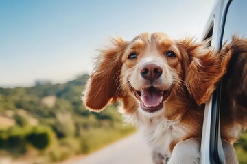 Joyful dog with ears flapping, leaning out of a car window during a sunny day, representing freedom and happiness while enjoying a scenic drive.