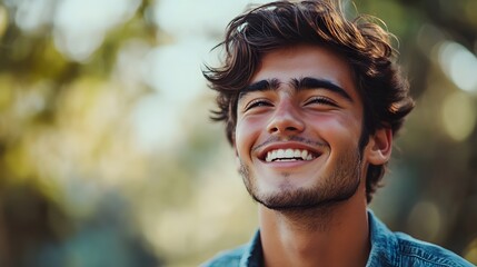 121. A young adult showing relief with a contented smile and relaxed demeanor