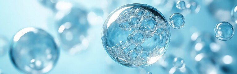 Floating Bubble with Molecules on Soft Blue Background