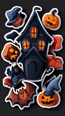 A spooky Halloween scene featuring a haunted house, pumpkins, bats, and autumn leaves, perfect for festive designs.