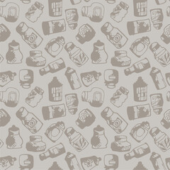 Seamless print pattern with jars and bottles with different food kitchen wallpaper background for textile, paper	