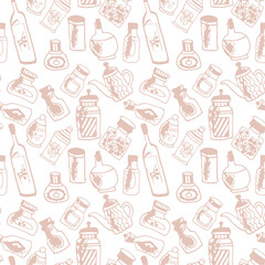 Seamless print pattern with jars and bottles with different food kitchen wallpaper background for textile, paper	