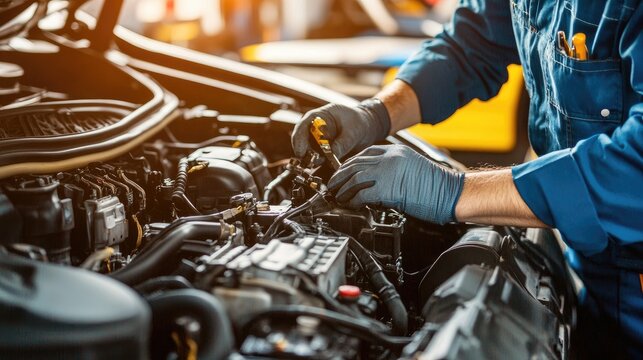 A mechanic works on a car engine, applying expert techniques to repair and fine-tune, ensuring the vehicle runs smoothly.