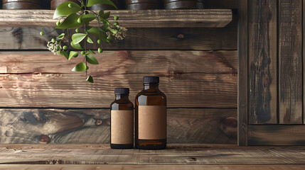 Fototapeta premium Two amber glass bottles with brown paper labels sit on a wooden table in front of a rustic wooden background.
