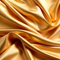 Fototapeta premium Golden fabric with a smooth, silky texture drapes elegantly, creating gentle folds and waves. 