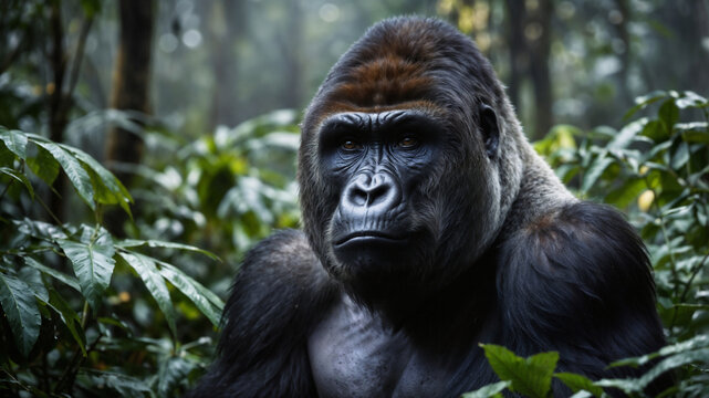 Gorilla maschio adulto silver back nella foresta pluviale dell'Africa