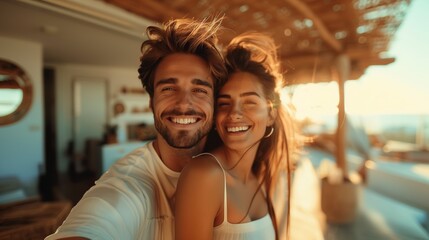 Smiling Couple Taking a Selfie on a Sunlit Terrace with Scenic Ocean View and Tropical Decor