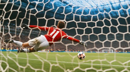 11. "A soccer goalkeeper making a dramatic save during a penalty shootout