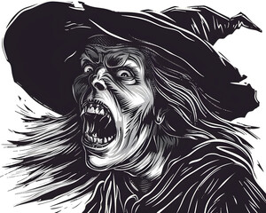 Witch full aggressive expression black and white illustration