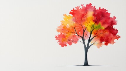 A vibrant watercolor illustration of a colorful autumn tree showcasing red, orange, and yellow leaves against a white background.