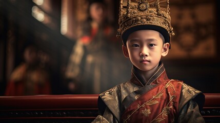 Chinese children wearing ancient Chinese ornaments in the Chinese palace Generated with AI