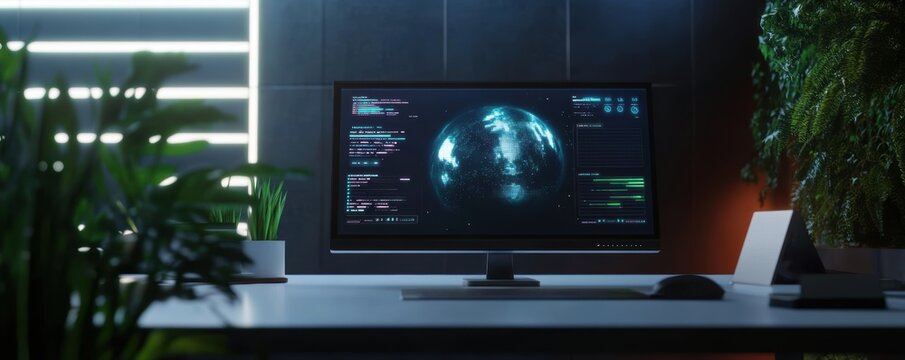 A futuristic workspace with holographic interfaces, all powered by 5G connectivity, representing the future of work.