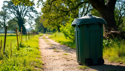 A trash can on a dirt path in a rural setting, with a large tree and sunlight in the background