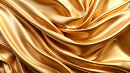 Fototapeta premium Golden fabric with a smooth, silky texture drapes elegantly, creating gentle folds and waves. 