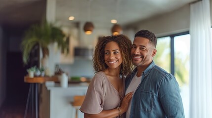 Smiling Couple Touring Modern, Sunlit Living Space in New Home with Spacious Open Layout