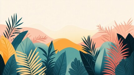 Vibrant tropical foliage with abstract backgrounds in pastel colors, perfect for nature-themed designs and artwork.