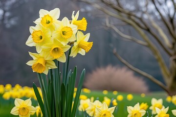 Fototapeta premium Serene Yellow Daffodils Dancing in a Soft Breeze