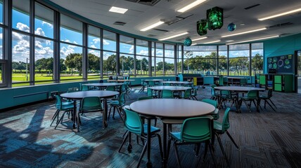 Fototapeta premium Bright and spacious classroom featuring modern furniture and large windows for natural light.