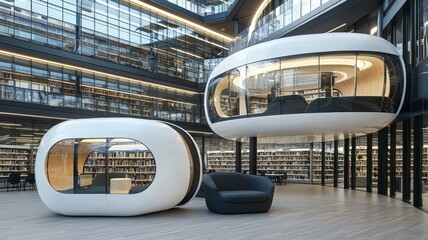 Modern interior of a futuristic library featuring unique pod seating and large glass windows, creating a spacious atmosphere.