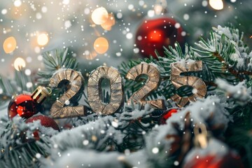 The numbers 2025 on a winter Christmas background, a Christmas tree with toys, a gift. Happy New Year and Merry Christmas card. 