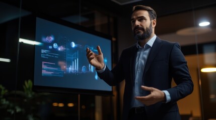 A manager giving a presentation to his team in a sleek conference room with a projector displaying a business strategy 