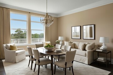 Fototapeta premium Bright Beige Living Room with Dining Area and Cozy Window Seating
