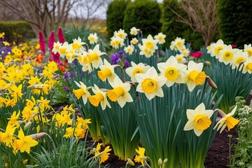 Stunning Arrangement of Yellow Daffodils and Wildflowers in a Lively Garden Setting